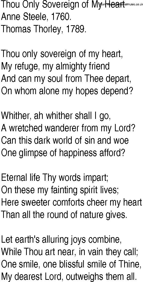Hymn and Gospel Song: Thou Only Sovereign of My Heart by Anne Steele lyrics