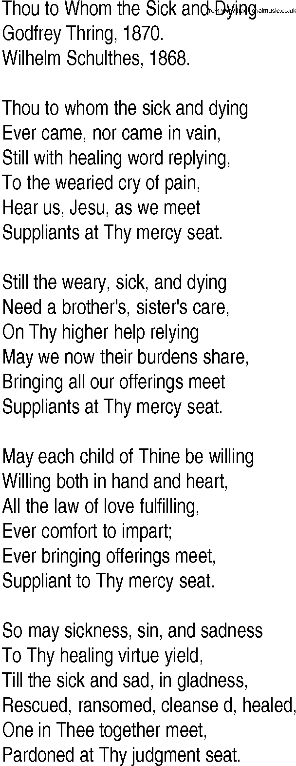 Hymn and Gospel Song: Thou to Whom the Sick and Dying by Godfrey Thring lyrics