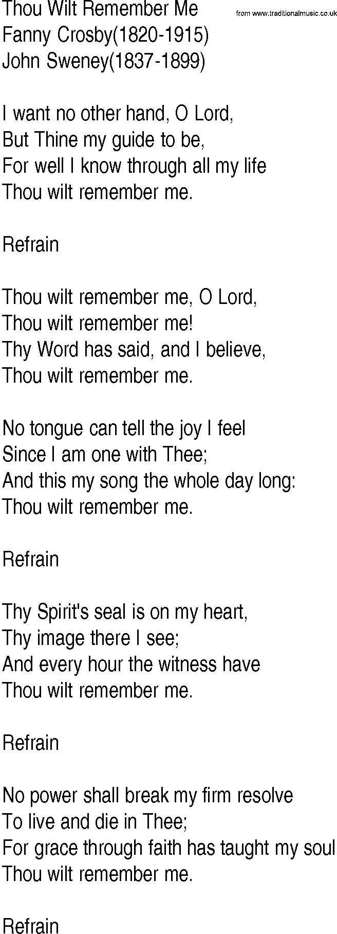 Hymn and Gospel Song: Thou Wilt Remember Me by Fanny Crosby lyrics