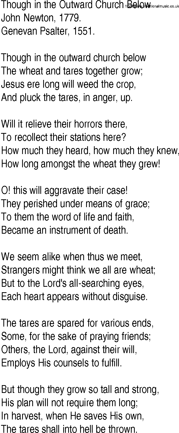 Hymn and Gospel Song: Though in the Outward Church Below by John Newton lyrics