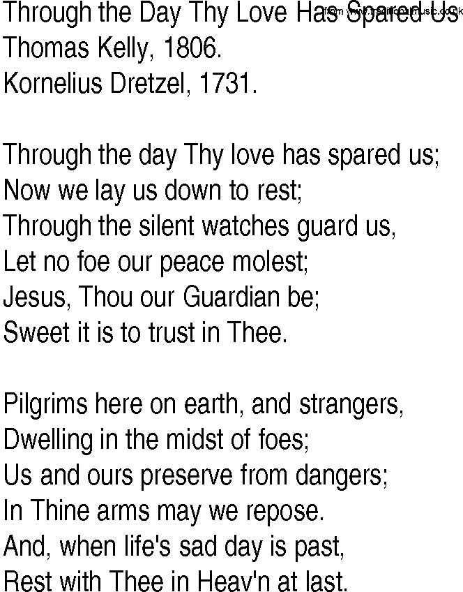 Hymn and Gospel Song: Through the Day Thy Love Has Spared Us by Thomas Kelly lyrics