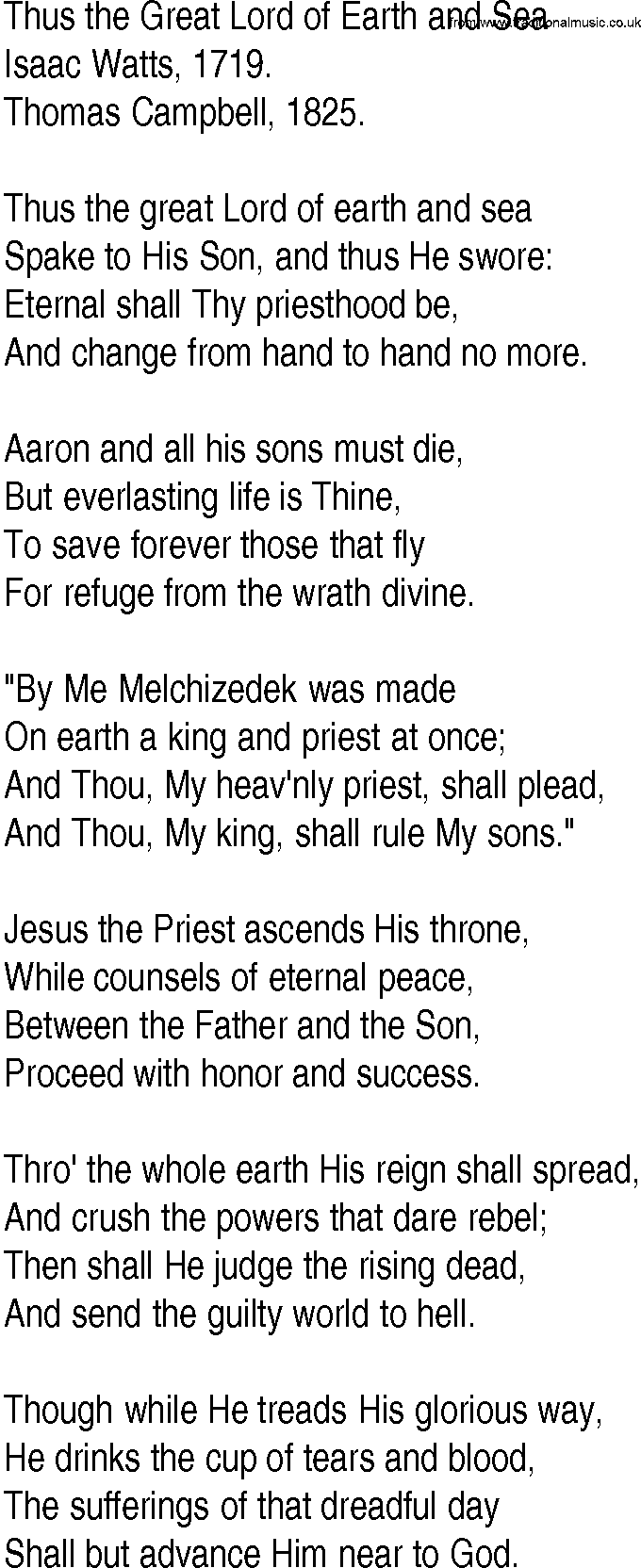 Hymn and Gospel Song: Thus the Great Lord of Earth and Sea by Isaac Watts lyrics