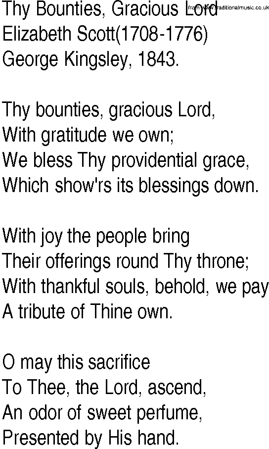 Hymn and Gospel Song: Thy Bounties, Gracious Lord by Elizabeth Scott lyrics