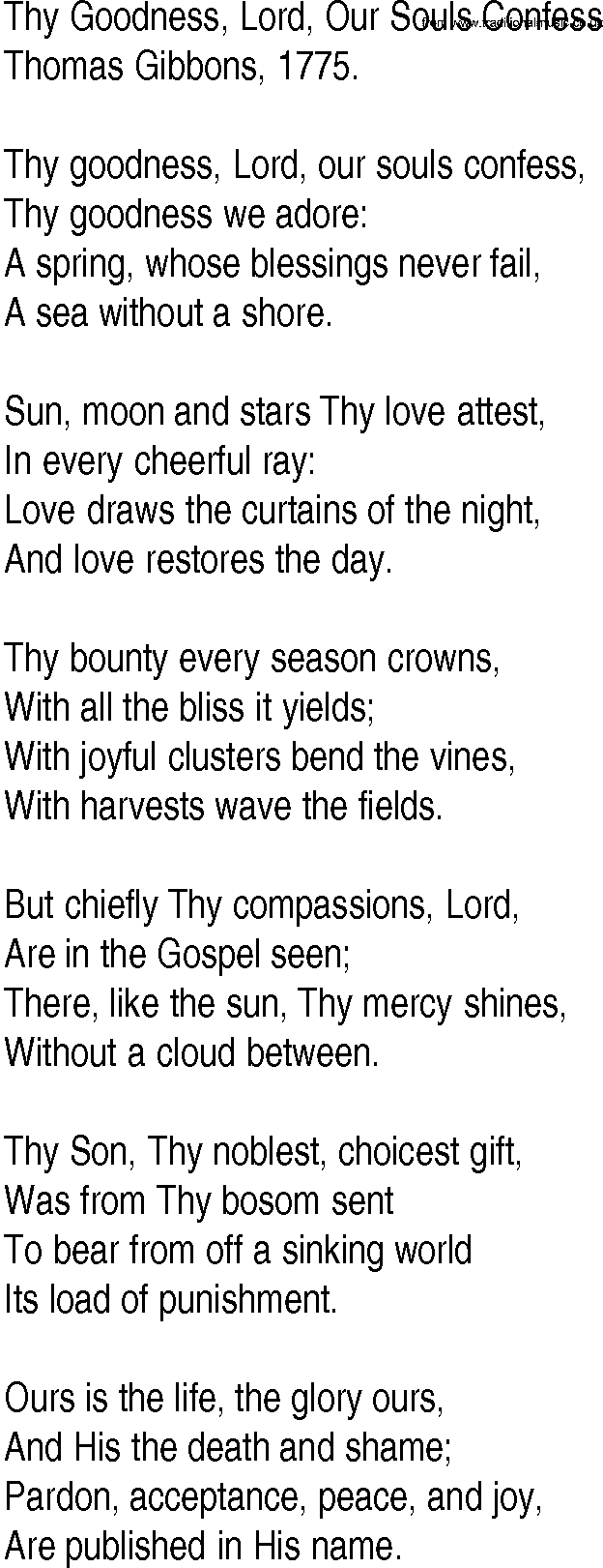 Hymn and Gospel Song: Thy Goodness, Lord, Our Souls Confess by Thomas Gibbons lyrics