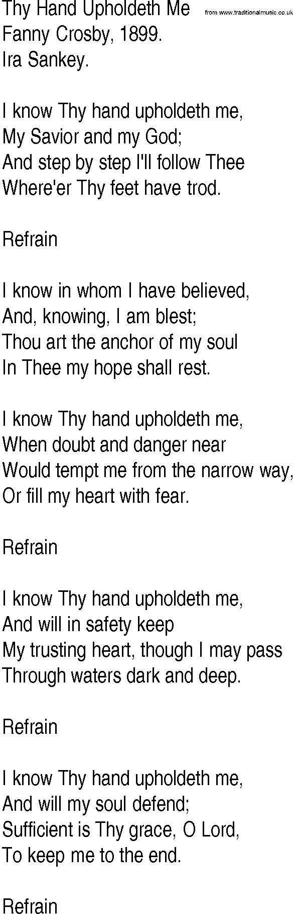Hymn and Gospel Song: Thy Hand Upholdeth Me by Fanny Crosby lyrics