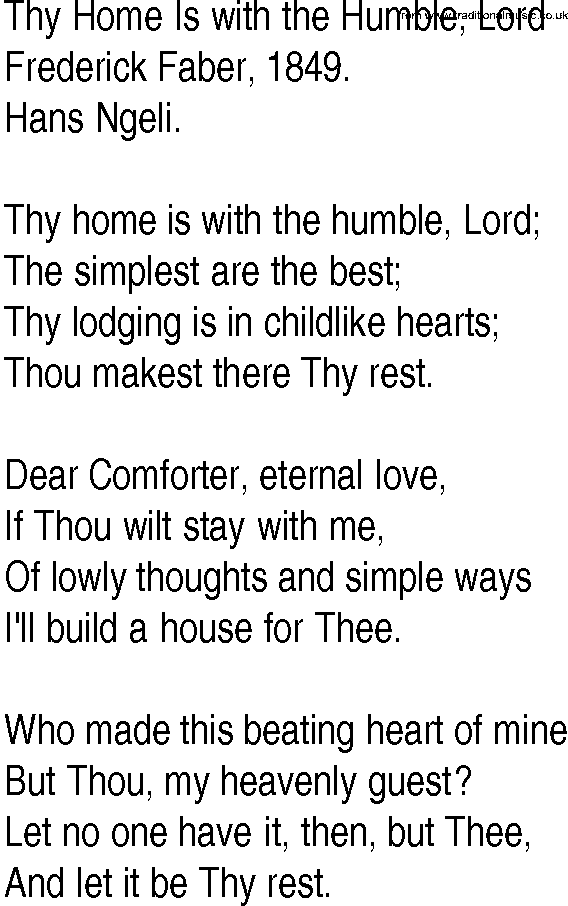 Hymn and Gospel Song: Thy Home Is with the Humble, Lord by Frederick Faber lyrics