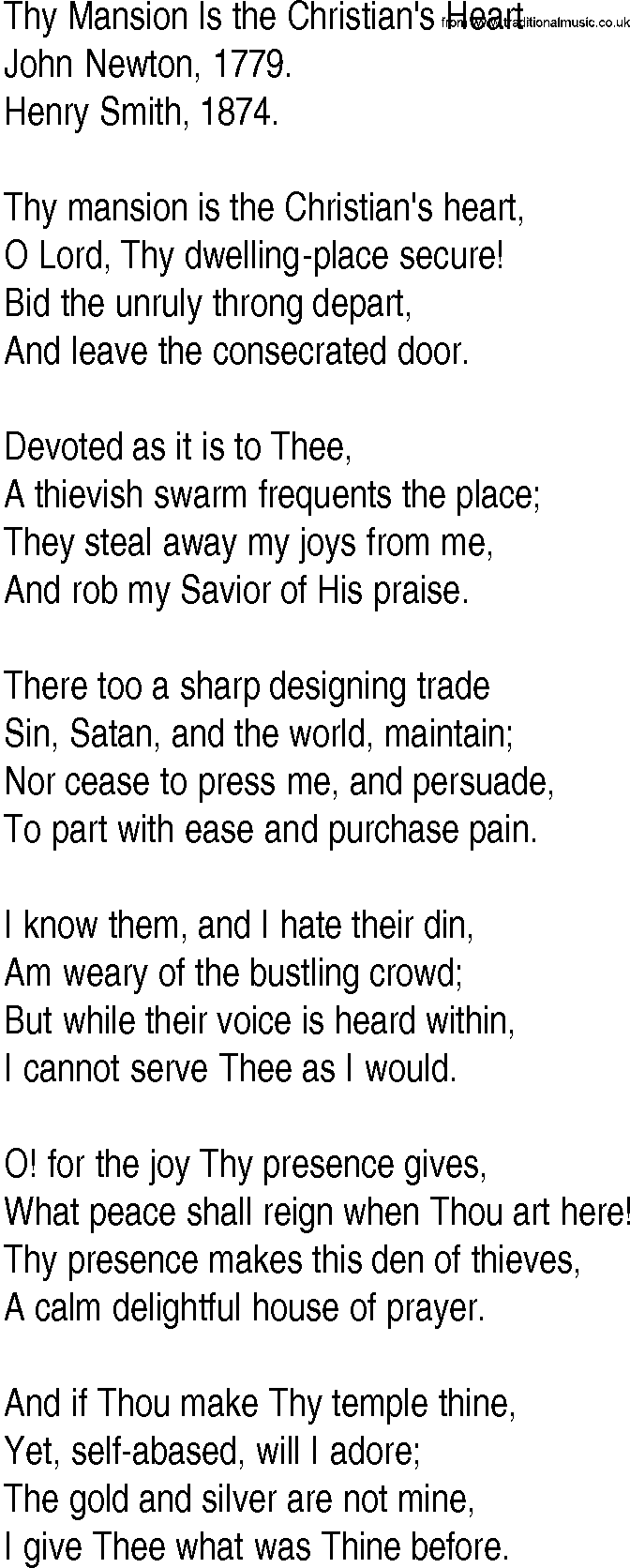 Hymn and Gospel Song: Thy Mansion Is the Christian's Heart by John Newton lyrics