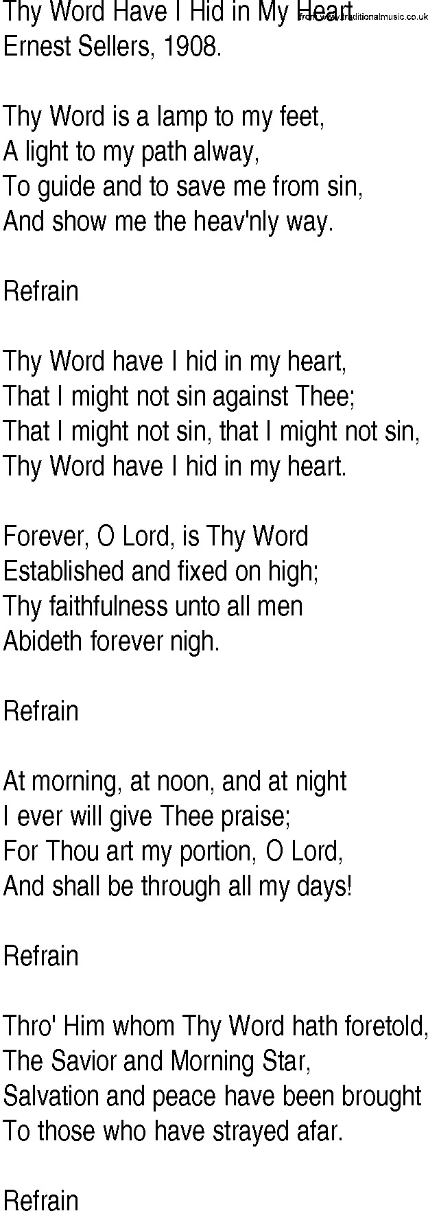 Hymn and Gospel Song: Thy Word Have I Hid in My Heart by Ernest Sellers lyrics