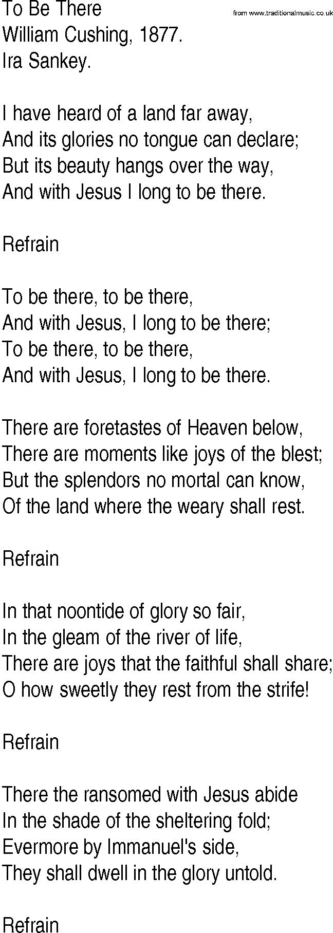 Hymn and Gospel Song: To Be There by William Cushing lyrics