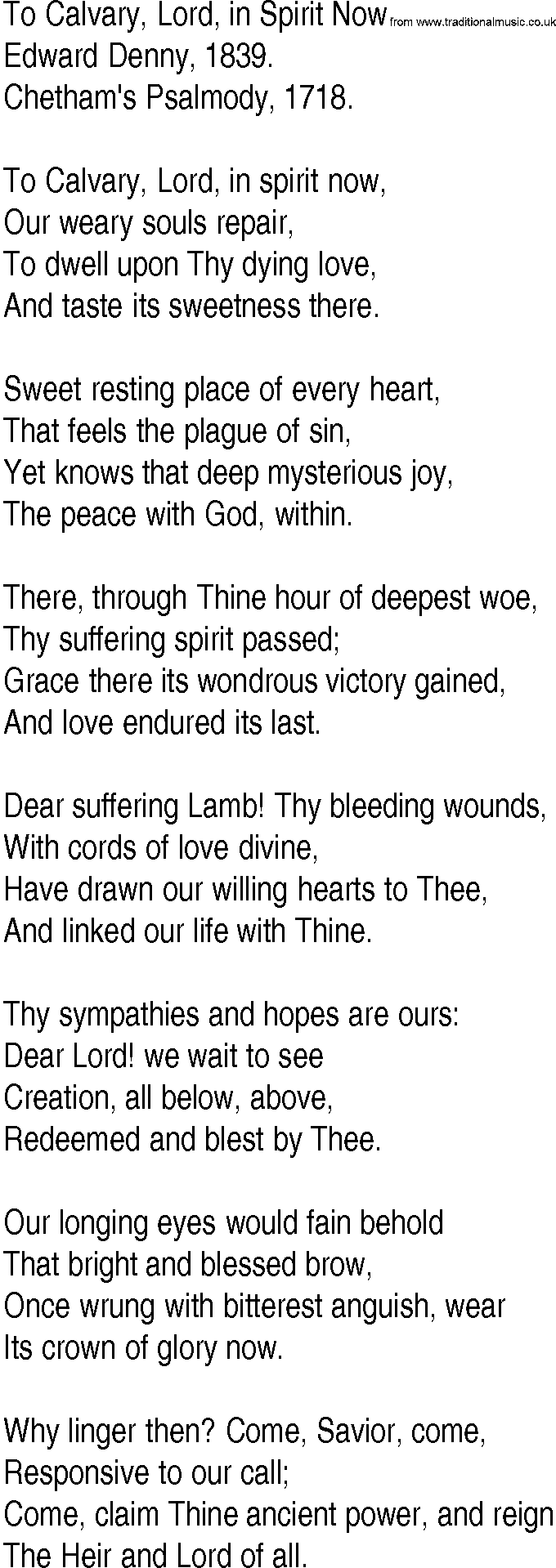 Hymn and Gospel Song: To Calvary, Lord, in Spirit Now by Edward Denny lyrics