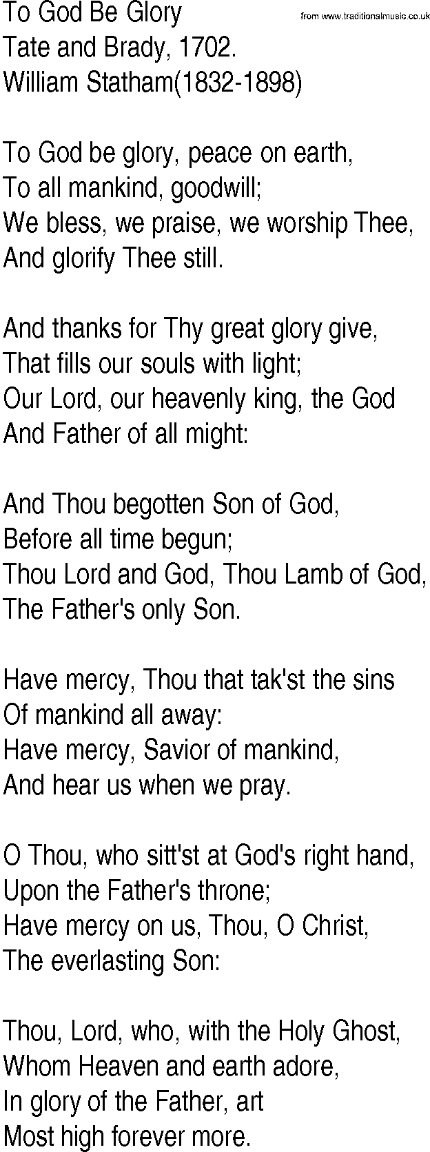Hymn and Gospel Song: To God Be Glory by Tate and Brady lyrics