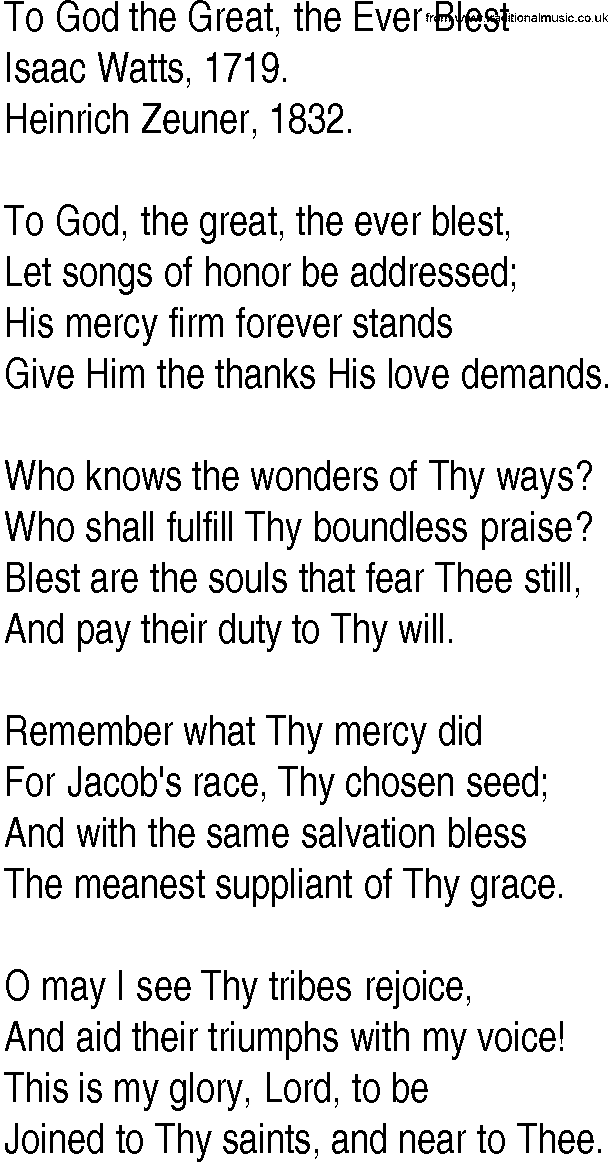 Hymn and Gospel Song: To God the Great, the Ever Blest by Isaac Watts lyrics
