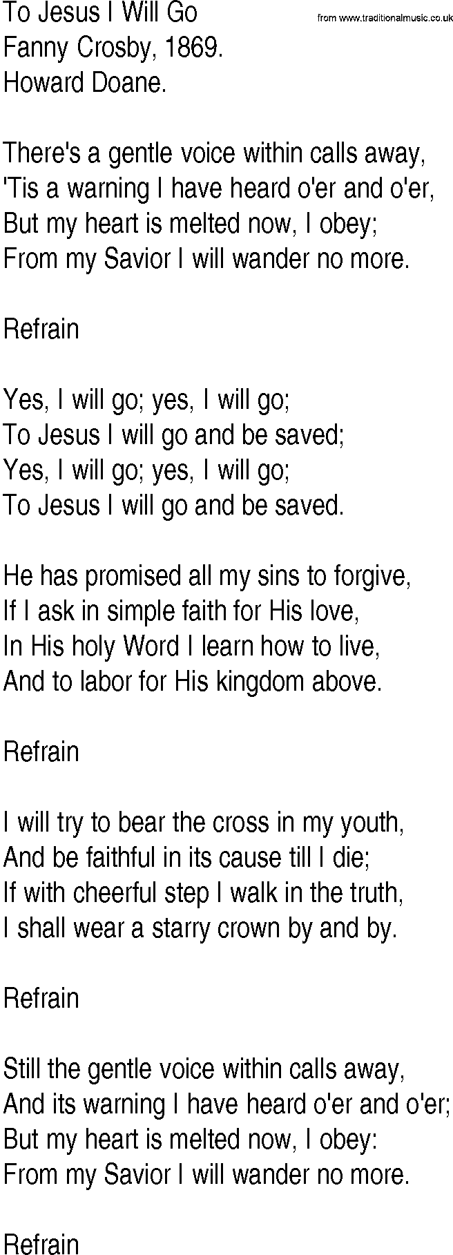Hymn and Gospel Song: To Jesus I Will Go by Fanny Crosby lyrics