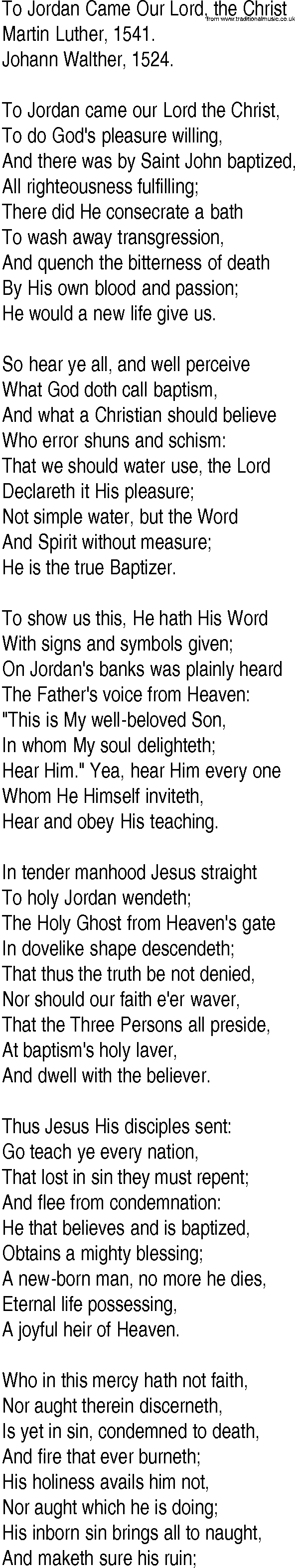 Hymn and Gospel Song: To Jordan Came Our Lord, the Christ by Martin Luther lyrics