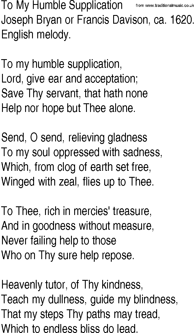 Hymn and Gospel Song: To My Humble Supplication by Joseph Bryan or Francis Davison ca lyrics