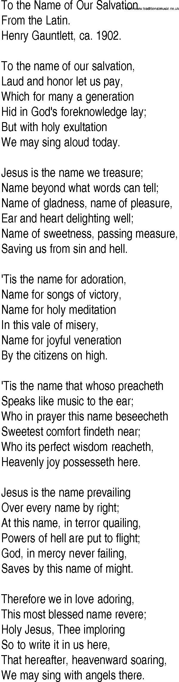 Hymn and Gospel Song: To the Name of Our Salvation by From the Latin lyrics