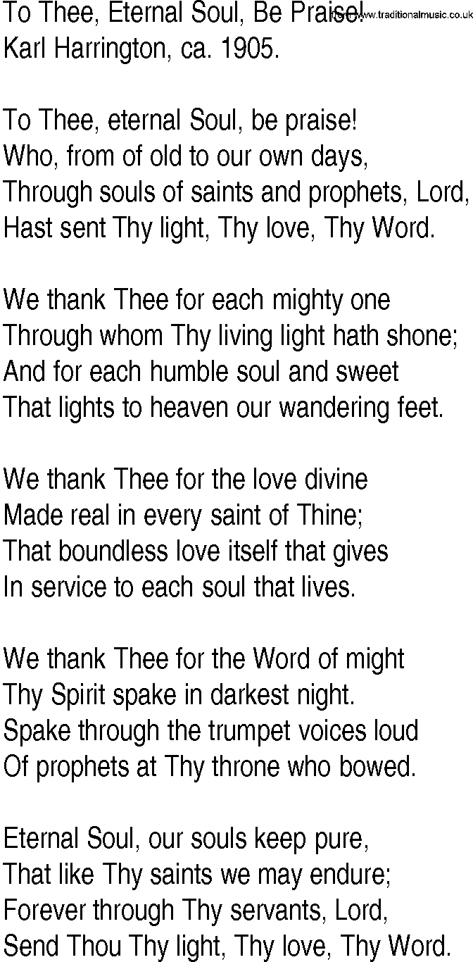 Hymn and Gospel Song: To Thee, Eternal Soul, Be Praise! by Karl Harrington ca lyrics
