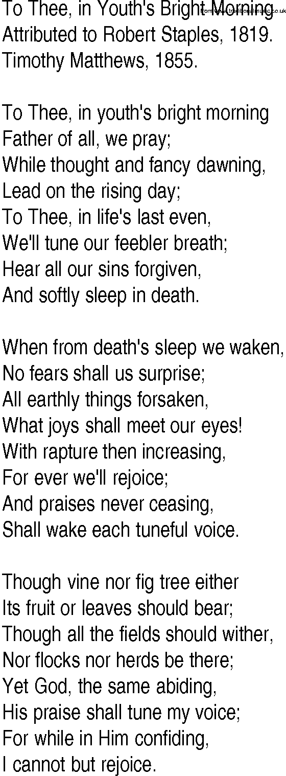 Hymn and Gospel Song: To Thee, in Youth's Bright Morning by Attributed to Robert Staples lyrics