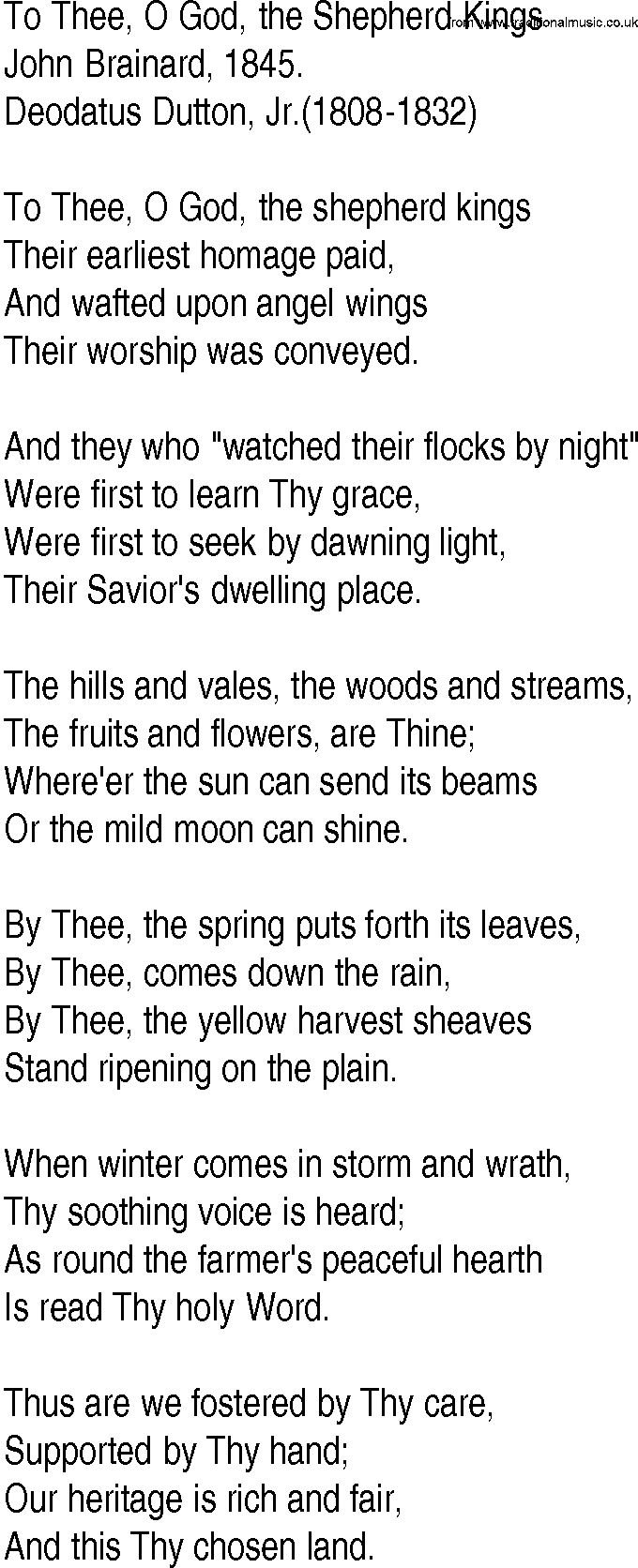 Hymn and Gospel Song: To Thee, O God, the Shepherd Kings by John Brainard lyrics