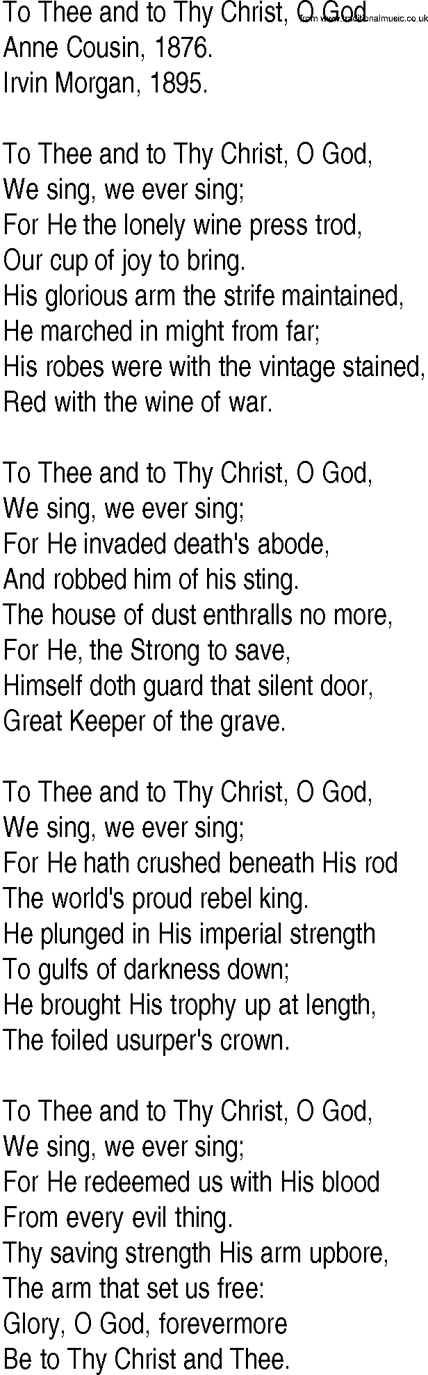 Hymn and Gospel Song: To Thee and to Thy Christ, O God by Anne Cousin lyrics
