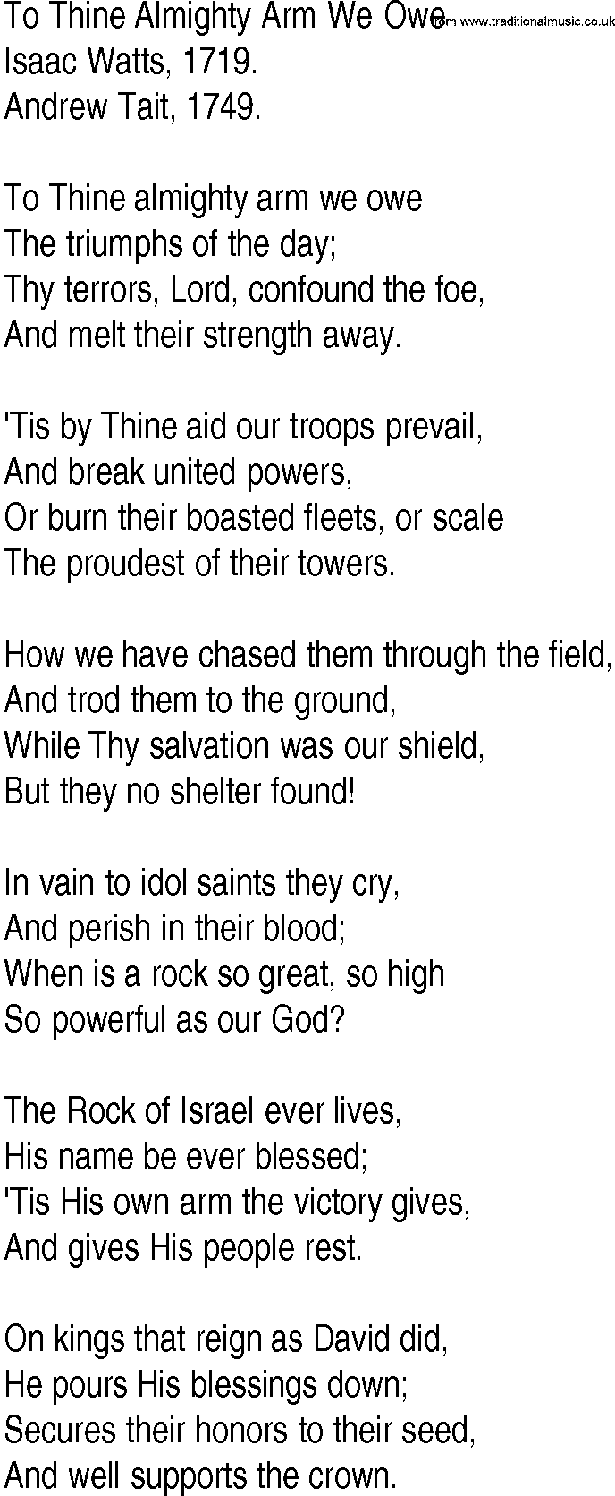 Hymn and Gospel Song: To Thine Almighty Arm We Owe by Isaac Watts lyrics