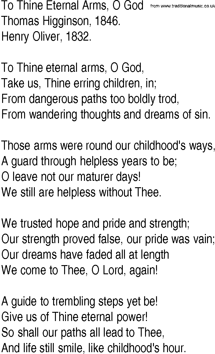 Hymn and Gospel Song: To Thine Eternal Arms, O God by Thomas Higginson lyrics
