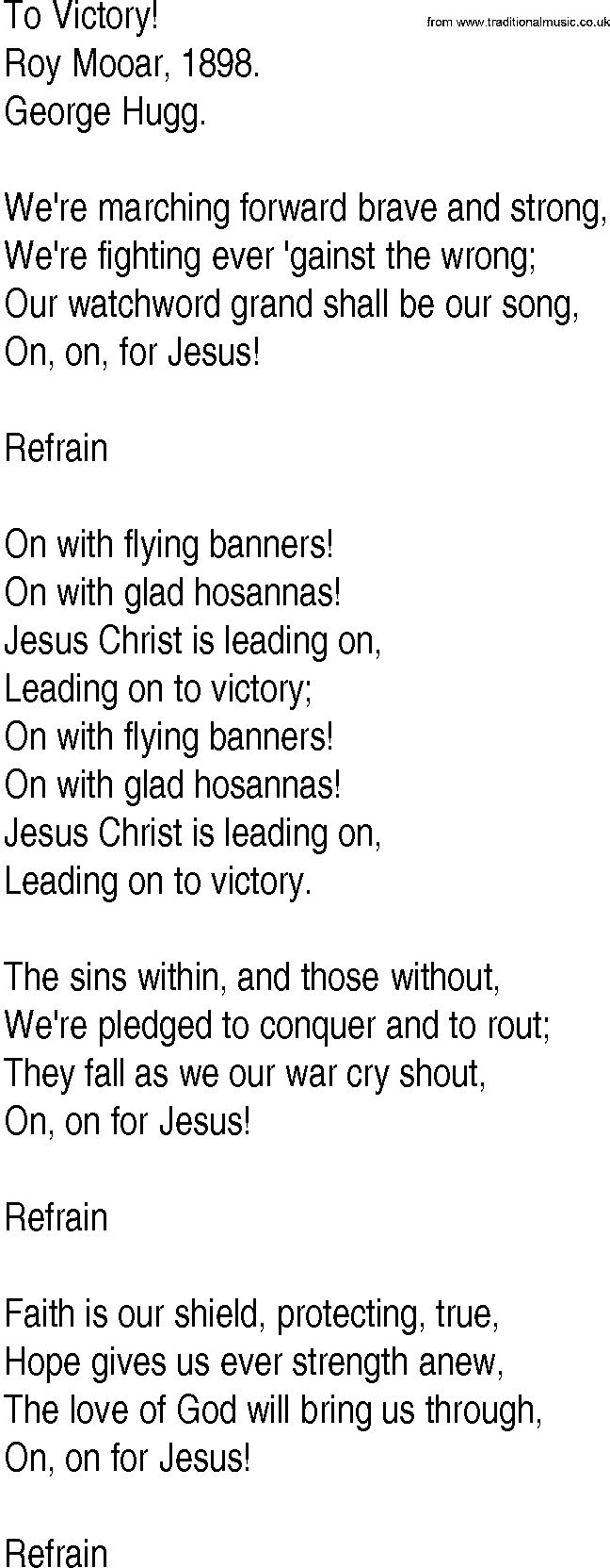 Hymn and Gospel Song: To Victory! by Roy Mooar lyrics