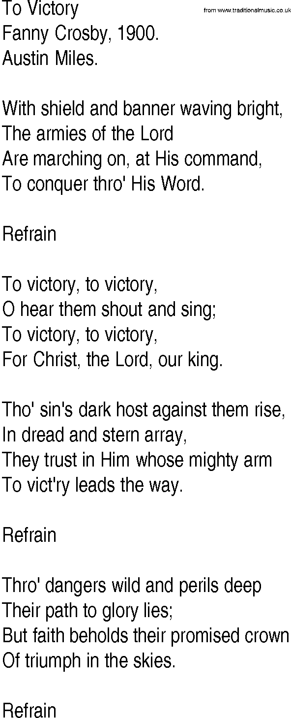 Hymn and Gospel Song: To Victory by Fanny Crosby lyrics