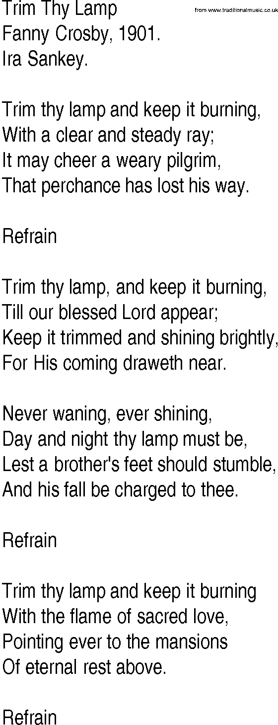 Hymn and Gospel Song: Trim Thy Lamp by Fanny Crosby lyrics