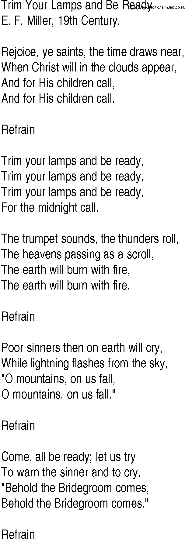 Hymn and Gospel Song: Trim Your Lamps and Be Ready by E F Miller th Century lyrics