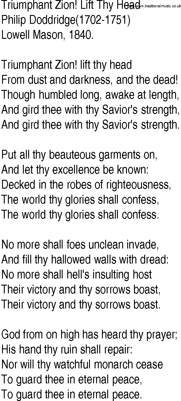 Hymn and Gospel Song: Triumphant Zion! Lift Thy Head by Philip Doddridge lyrics