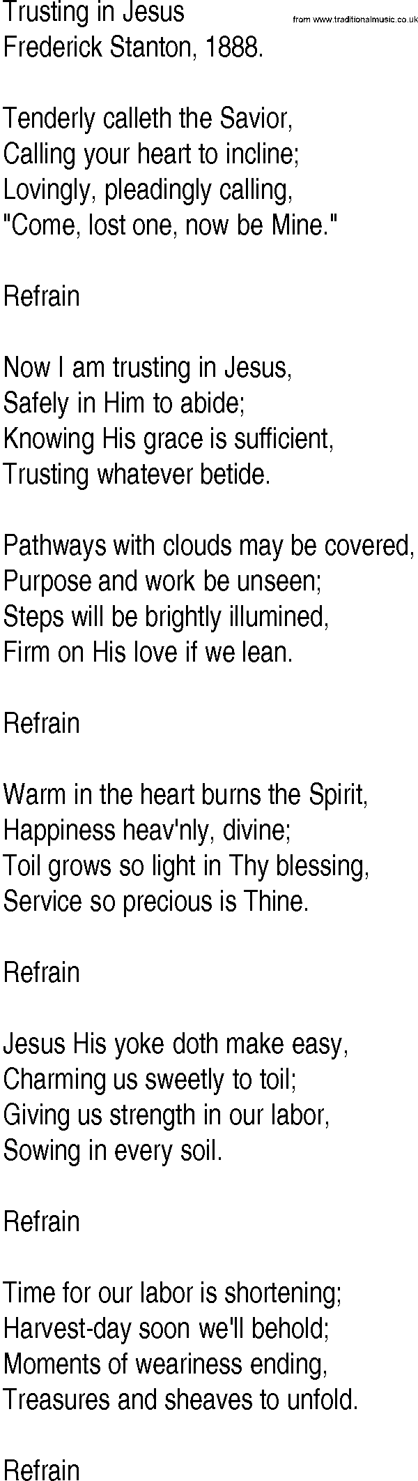 Hymn and Gospel Song: Trusting in Jesus by Frederick Stanton lyrics