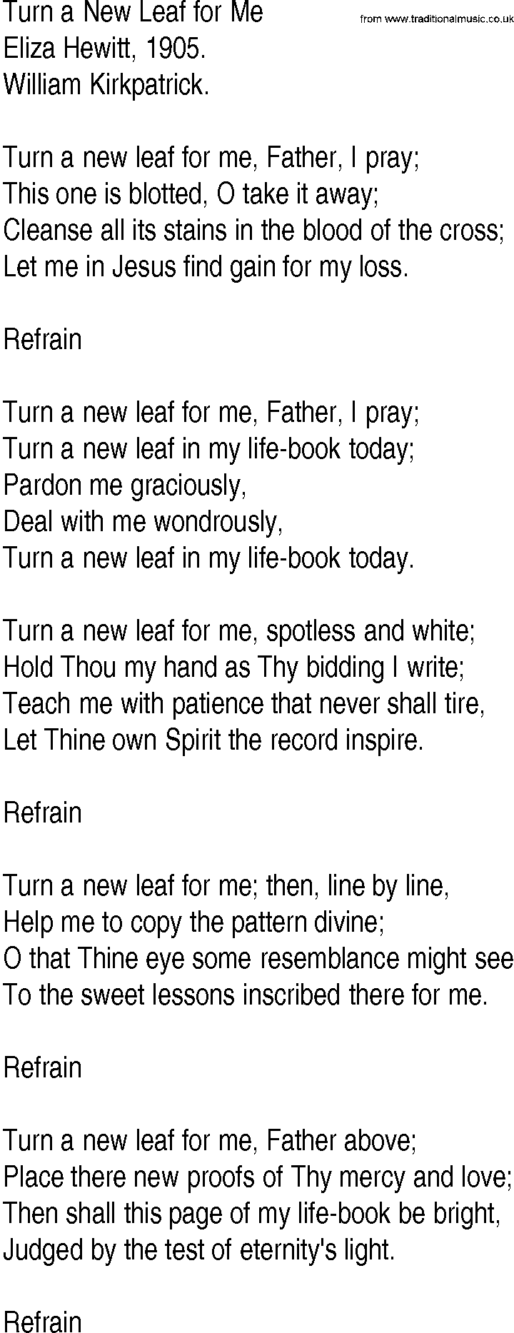 Hymn and Gospel Song: Turn a New Leaf for Me by Eliza Hewitt lyrics