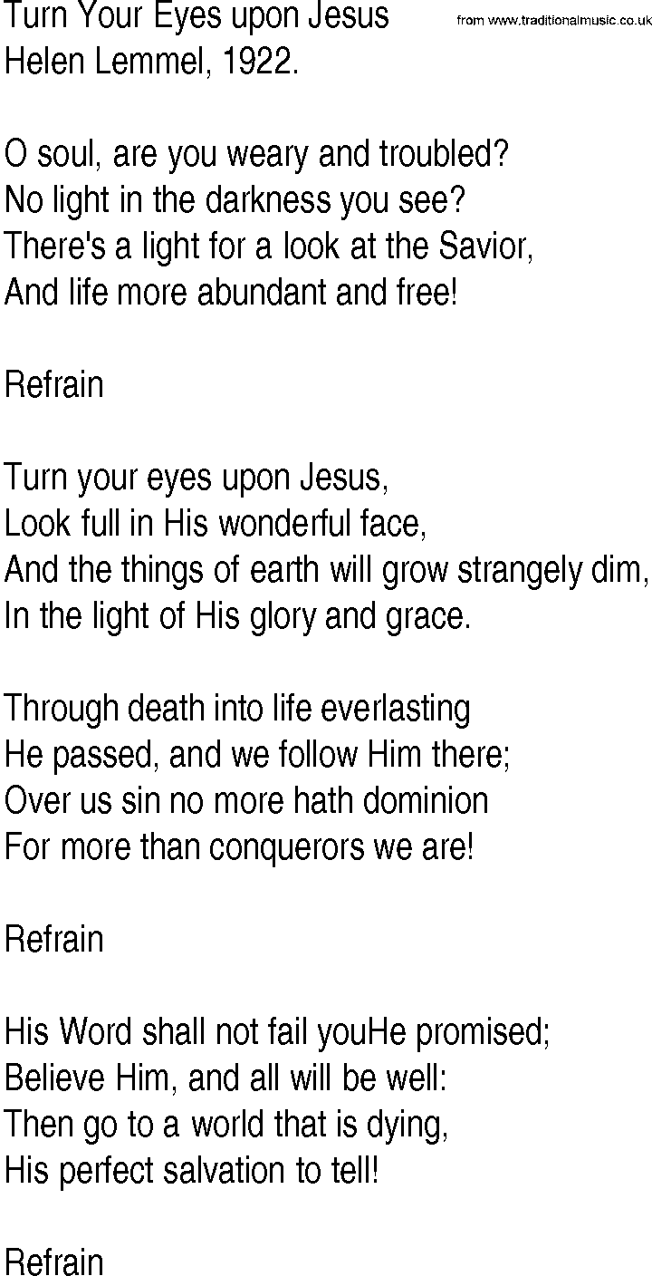 Hymn and Gospel Song: Turn Your Eyes upon Jesus by Helen Lemmel lyrics