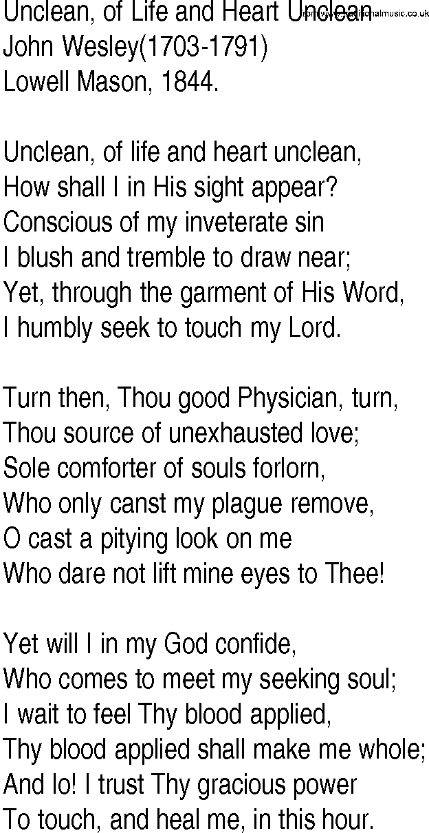 Hymn and Gospel Song: Unclean, of Life and Heart Unclean by John Wesley lyrics
