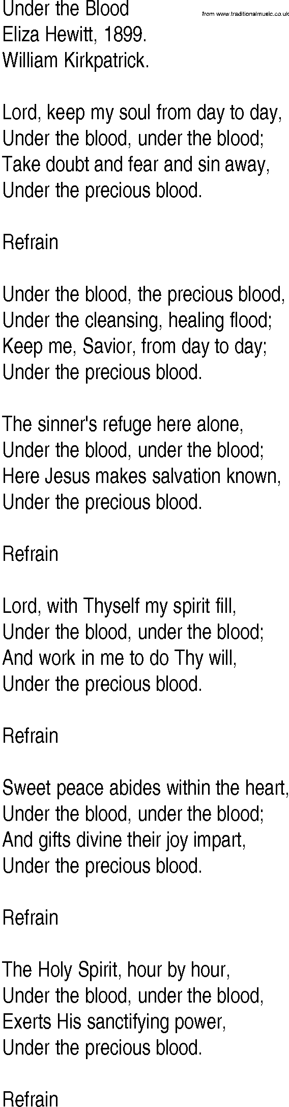 Hymn and Gospel Song: Under the Blood by Eliza Hewitt lyrics