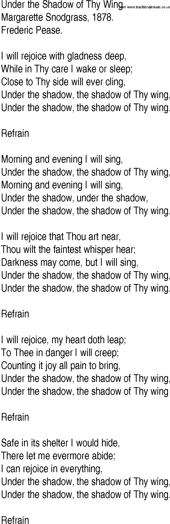 Hymn and Gospel Song: Under the Shadow of Thy Wing by Margarette Snodgrass lyrics