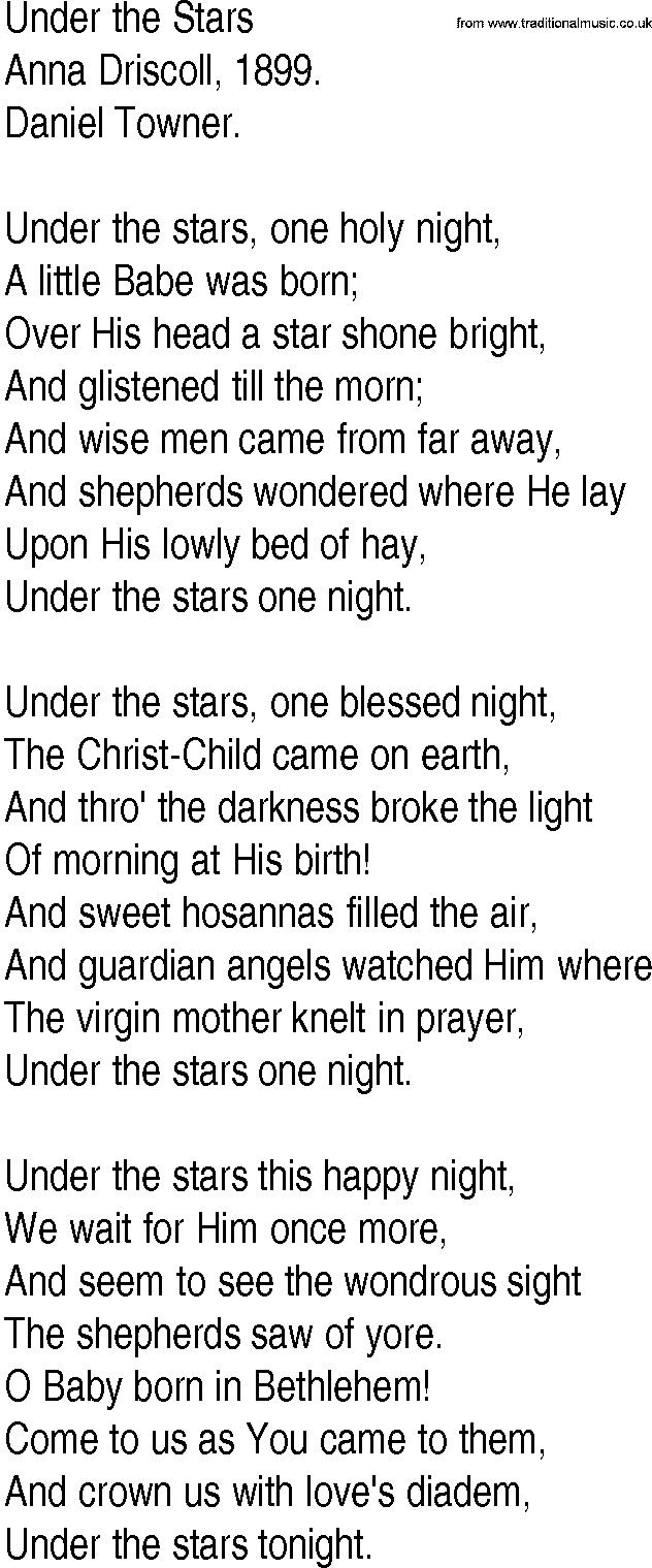 Hymn and Gospel Song: Under the Stars by Anna Driscoll lyrics