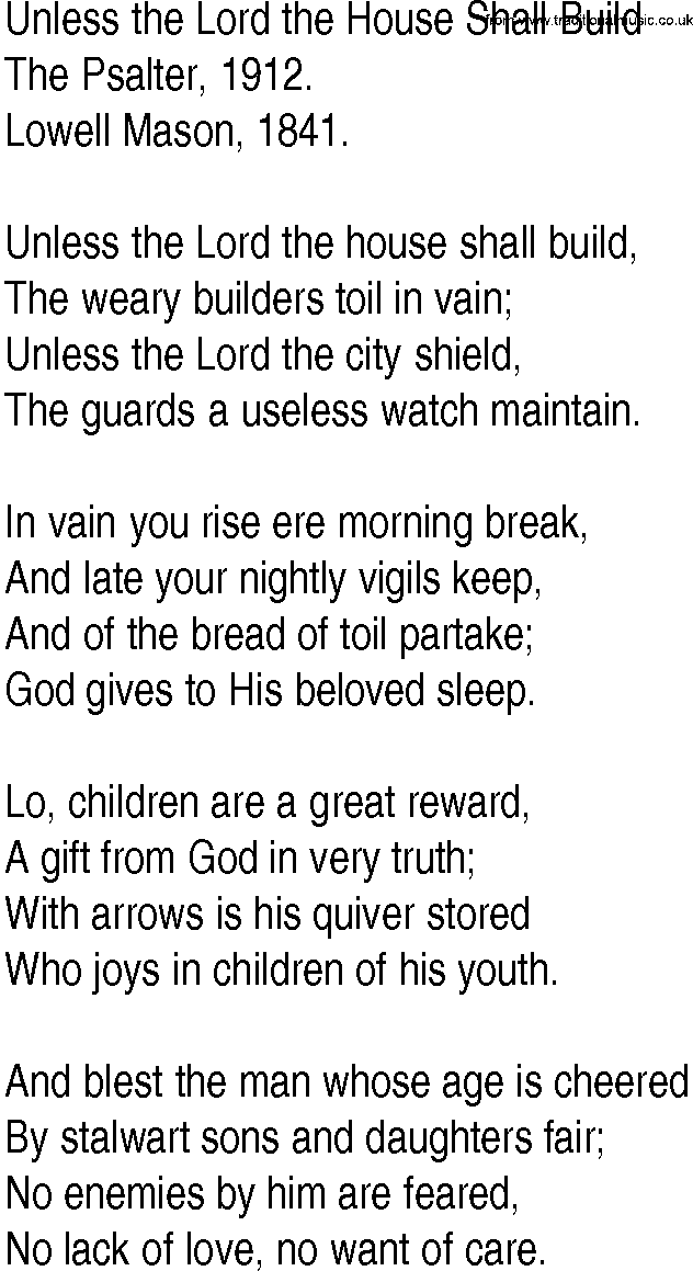Hymn and Gospel Song: Unless the Lord the House Shall Build by The Psalter lyrics