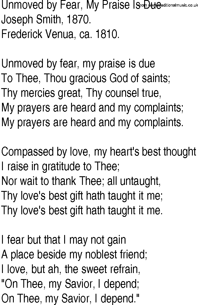 Hymn and Gospel Song: Unmoved by Fear, My Praise Is Due by Joseph Smith lyrics