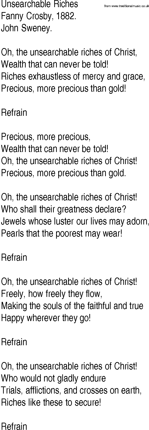 Hymn and Gospel Song: Unsearchable Riches by Fanny Crosby lyrics