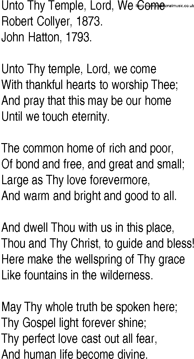 Hymn and Gospel Song: Unto Thy Temple, Lord, We Come by Robert Collyer lyrics