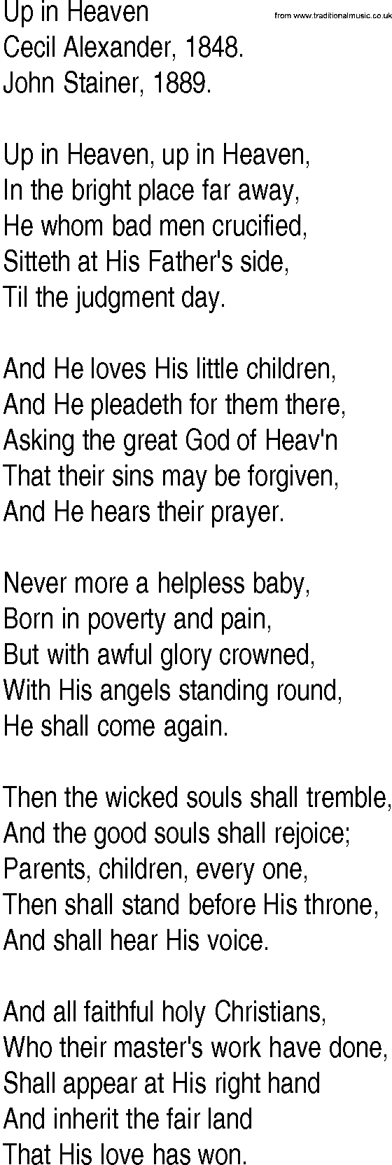 Hymn and Gospel Song: Up in Heaven by Cecil Alexander lyrics