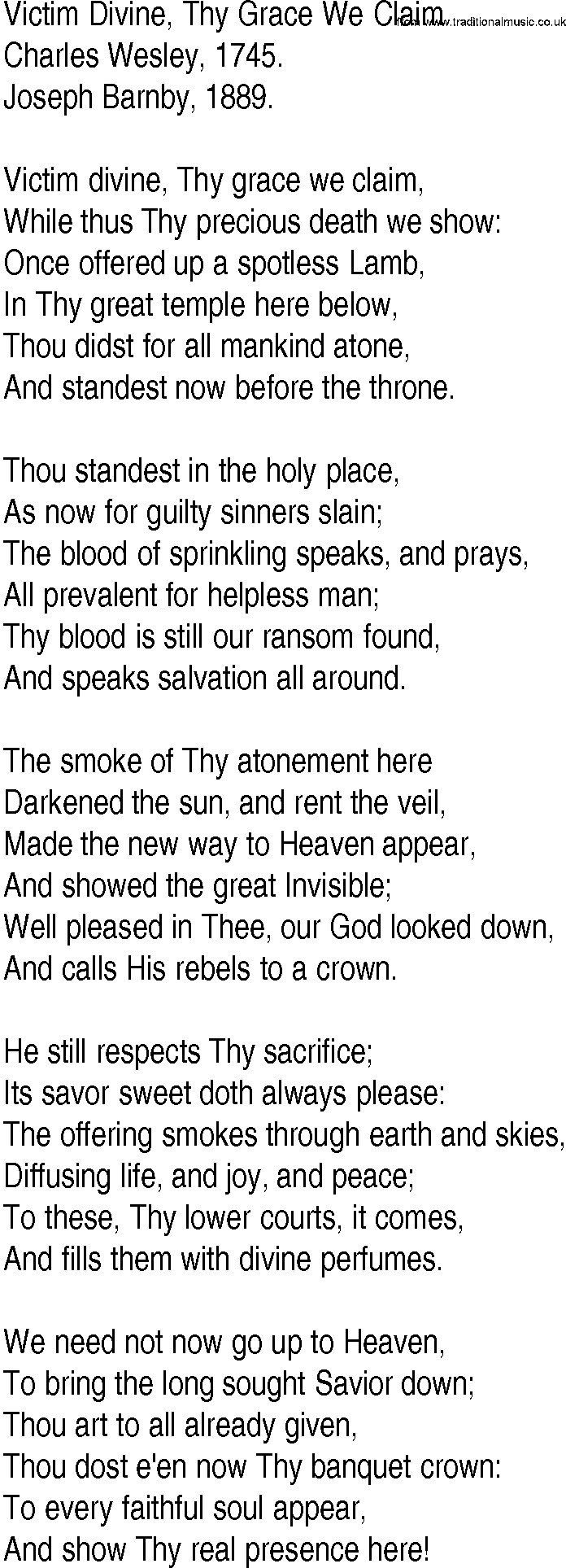 Hymn and Gospel Song: Victim Divine, Thy Grace We Claim by Charles Wesley lyrics