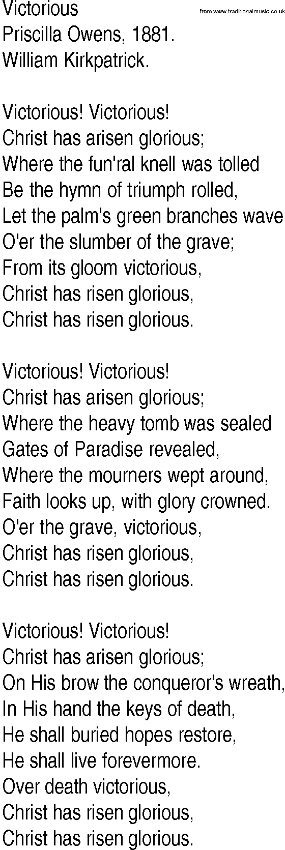 Hymn and Gospel Song: Victorious by Priscilla Owens lyrics