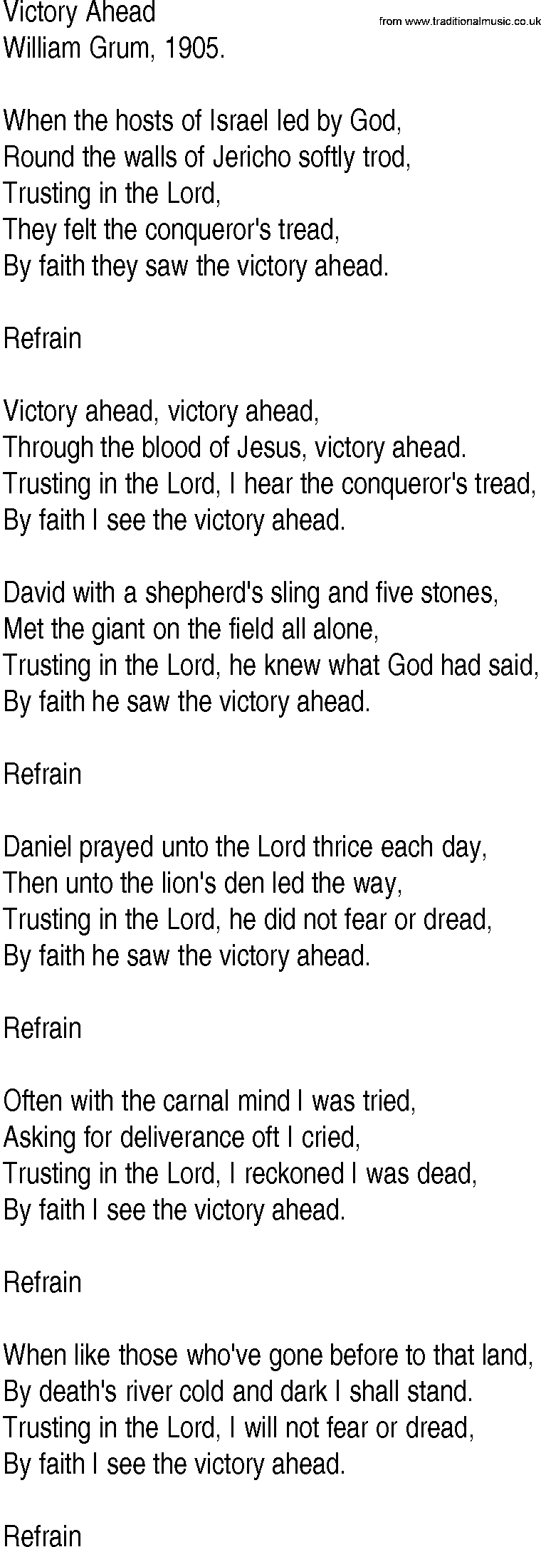 Hymn and Gospel Song: Victory Ahead by William Grum lyrics