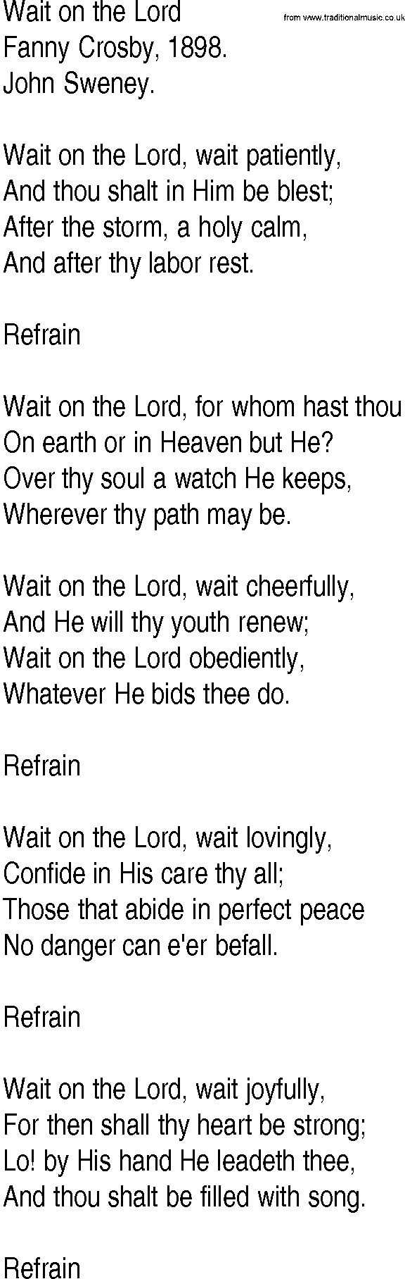 Hymn and Gospel Song: Wait on the Lord by Fanny Crosby lyrics