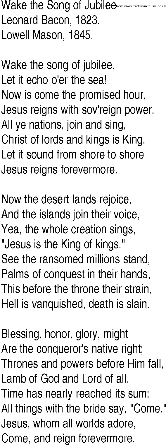 Hymn and Gospel Song: Wake the Song of Jubilee by Leonard Bacon lyrics