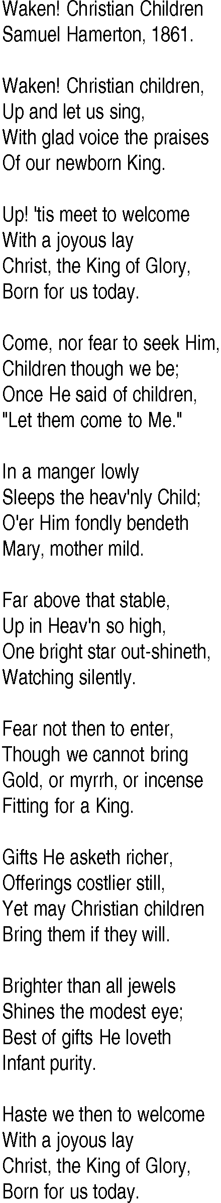 Hymn and Gospel Song: Waken! Christian Children by Samuel Hamerton lyrics