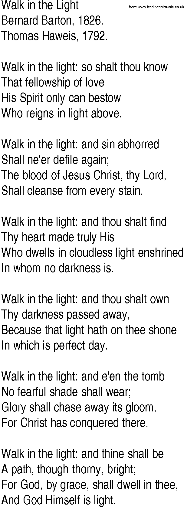 Hymn and Gospel Song: Walk in the Light by Bernard Barton lyrics